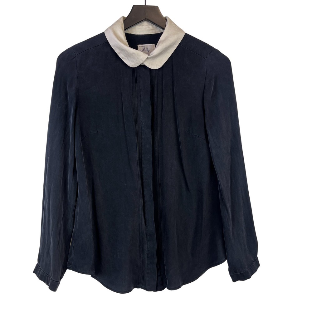 Milly of New York (6) Womens Silk Stretch Button Down Blouse Black